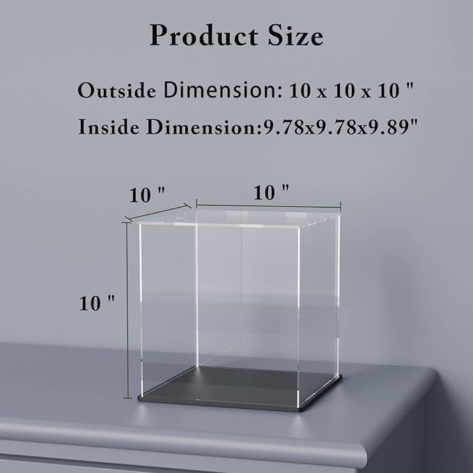Clear Acrylic Display Case with Matt Black Base and Lid, Dust-Proof Acrylic Showcase, Cube Counter-Tops Box for Large Collectibles (10x10x10 inch)