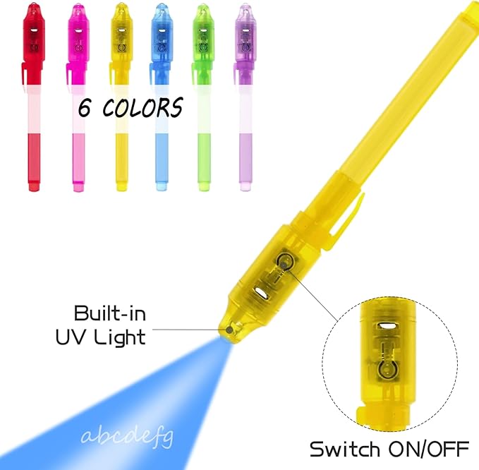 6 Pack Upgraded Invisible Ink Spy Pen with UV Light Magic Marker, for Secret Messages Kids Birthday Party Easter Halloween Christmas Goodie Bags Toys Gifts for Kids Ages 3+