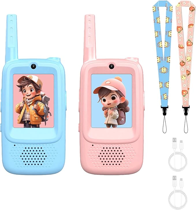 Video Walkie Talkies for Kids, 2 Pack Rechargeable Kids Walkie Talkies with Screen Display, Long Range Two-Way Radios with Voice Effects, Indoor Outdoor Camping Gift (Blue & Pink)