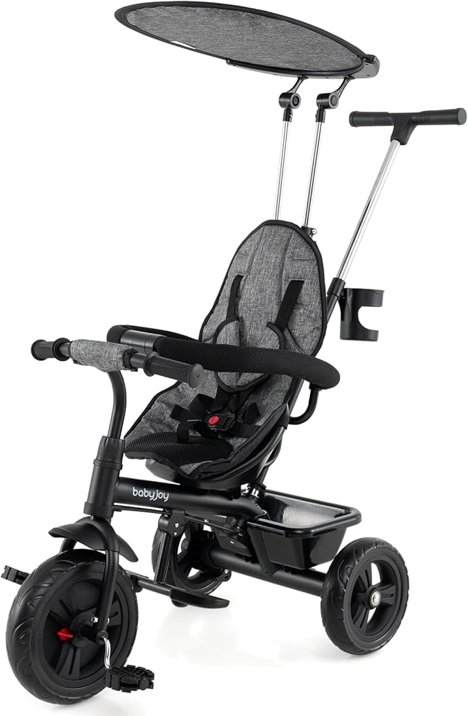 BABY JOY Toddler Tricycle, 7 in 1 Push Trike w/Adjustable Canopy, Parent Push Handle, Seat & Footrests, 5-Point Safety Harness and All-Terrain EVA Wheels, Kids Stroller Bike for 9-60 Months (Gray)