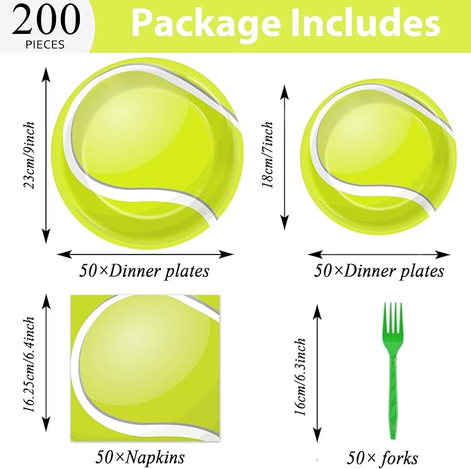 Qyeahkj 50 Guests Tennis Plates and Napkins Party Supplies Tennis Ball Birthday Party Decorations Disposable Tableware Set Sports Dinnerware Favor for Kids Baby Shower Decorations, 200PCS