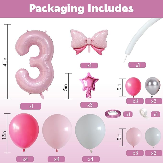 40 Inch Pink Number 3 Balloon for 3rd Birthday Decoration Pastel Baby Pink Number Three Foil Balloon Tower Giant Large Digit Hot Pink White Helium Balloons Stack for Girl Third Anniversary Party