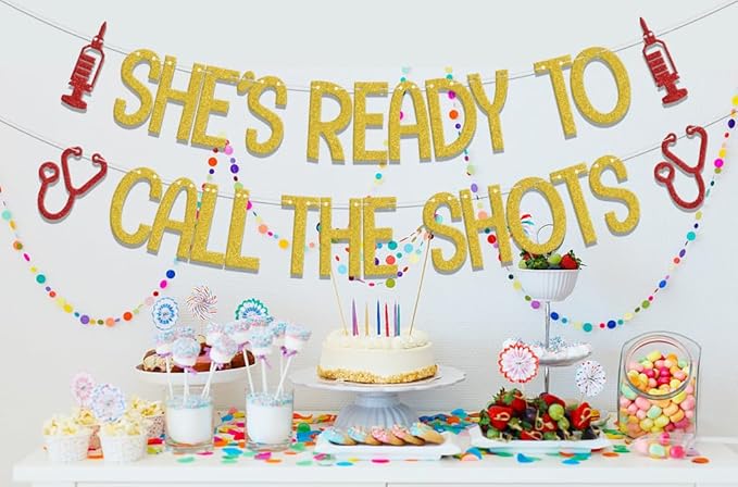 LANKBACK She's Ready to Call the Shots Banner, Congrats Nurse/Big BSN Energy, Nurses Call The Shots, Nurse Graduation Party Decorations, Nursing School Grad Party Decor Supplies Gold Red