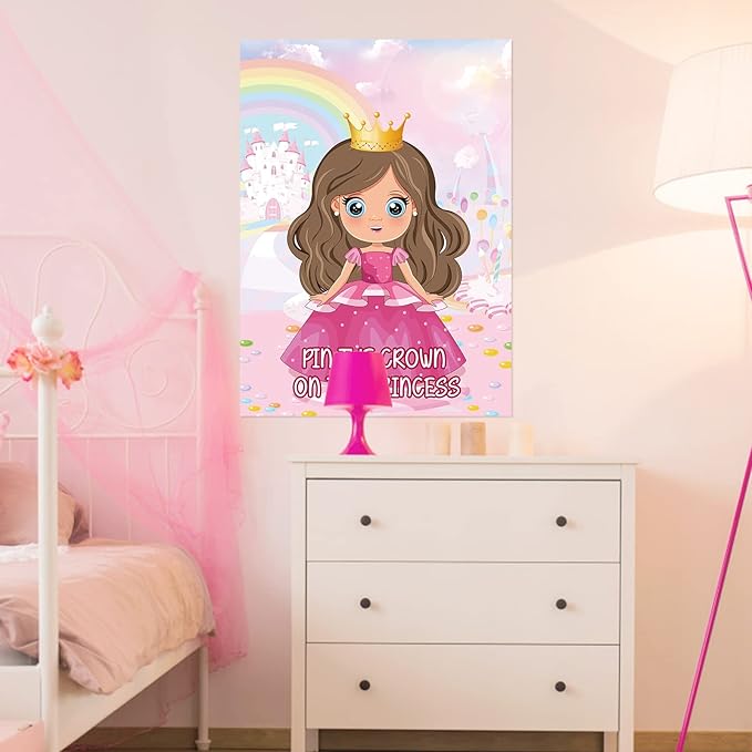 Hxezoc Pin The Crown on The Princess Party Games with 24 Pcs Crowns, Large Princess Party Games Poster for Girls Kids Birthday Party Carnival Supplies