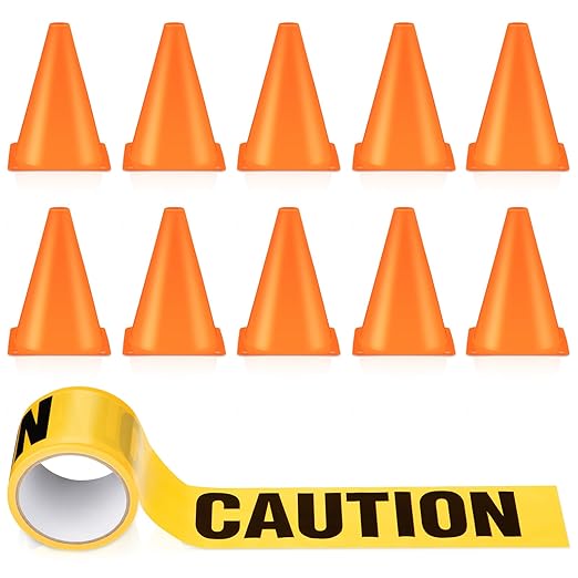 Frienda 11 Pcs Construction Birthday Party Supplies Plastic Traffic Cone Caution Tape Safety Road Parking Construction Cone Warning Tape for Halloween Party Outdoor Indoor (9 Inch Tall,Solid)