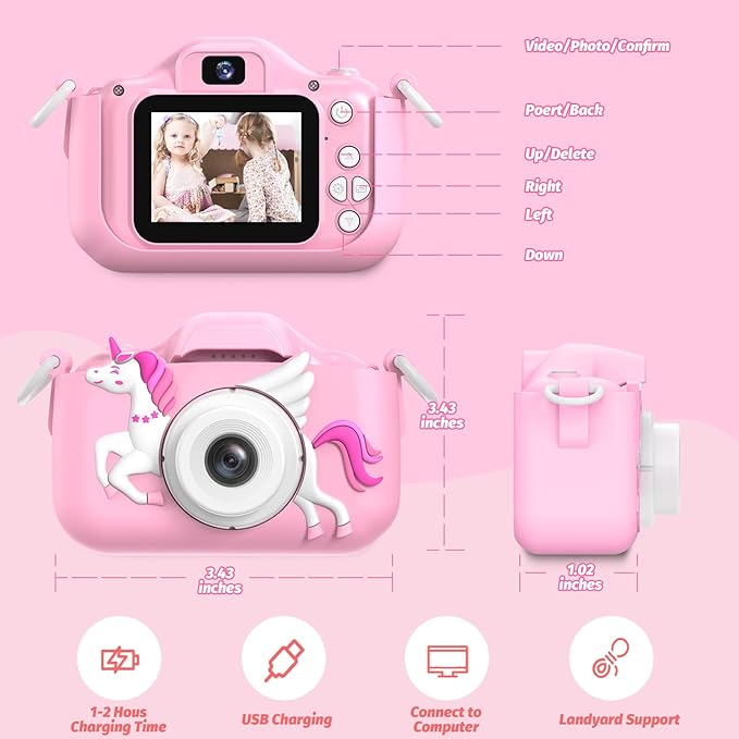 Unicorn Kids Camera for Girls, Selfie 3-12 Years Old Girls Christmas Birthday Gift Little Toys 3 4 5 6 7 8 9 (Pink)