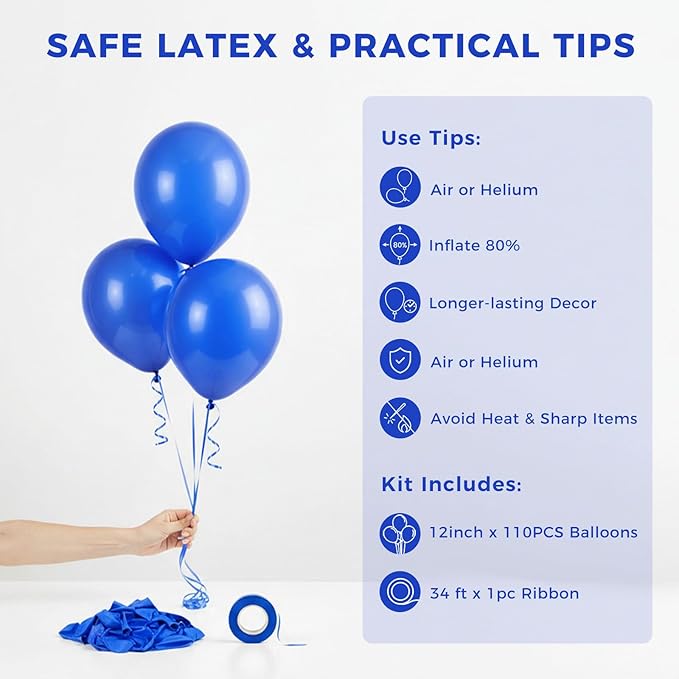 LovesTown 110PCS Latex Balloons 12inch Royal Blue Party Balloons Arch with Ribbon for Birthday Baby Shower Party Decorations Dark Blue (Pack of 2)