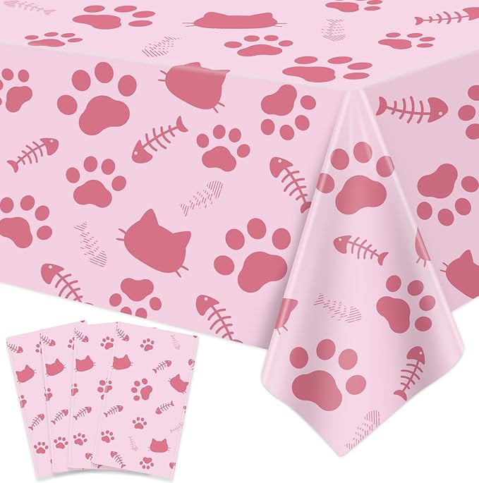 4 Pack Cat Tablecloth Paw Print Tablecloth Cat Themed Table Cover Cats Dogs Plastic Tablecover Bone Sign Table Cloth Cat Party Supplies Cat Birthday Decorations Kitty Theme Birthday Decor 86 x 51 Inch