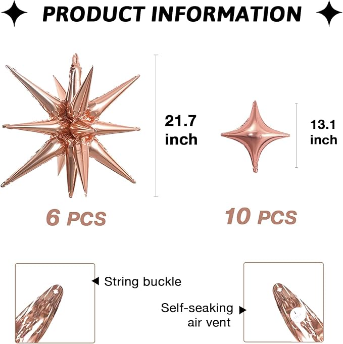 Rose Gold Star Foil 6pk Starburst & Spike Balloons for Weddings & Parties