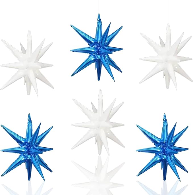 6 Pcs White Blue Star Foil Balloons One-Piece 14-Pointed Star Balloon 4D Starburst Cone Mylar Balloon 22inch Christmas Birthday Wedding Wedding Anniversary Party Supplies (White + Blue)