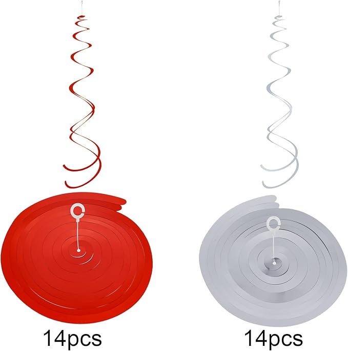 Colorful Ceiling Swirl Foil Decorations Hanging Plastic Streamer Themed Swirl Party for Christmas Graduation Celebration, Pack of 28 (Red and Sliver)
