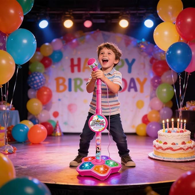 2026 New Kids Star Microphone with Stand - Portable Karaoke Machine Toy with Built-in Music, Colorful Lights & Echo Effects, Adjustable Height for Singing, Music Play