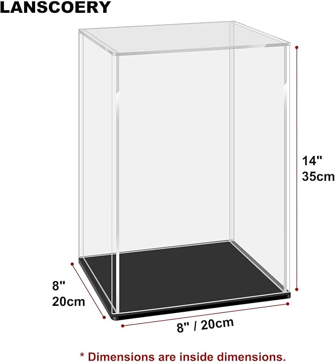 LANSCOERY Acrylic Display Case, Assemble Showcase Display Box for Collectibles, with Dustproof & Seamless Display Design, 8x8x14inch Black Base