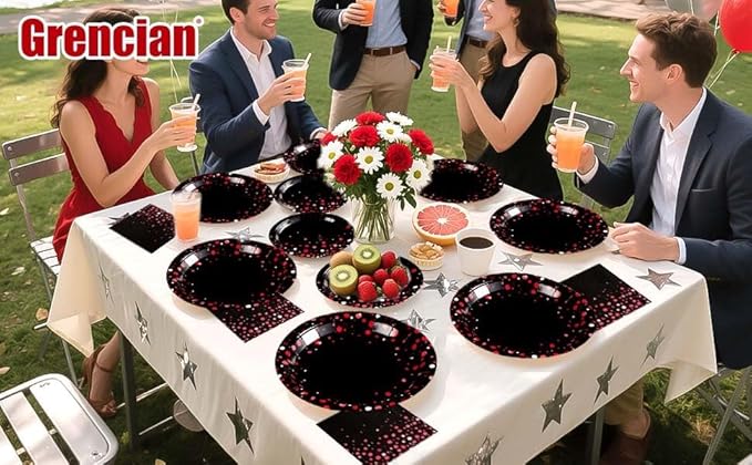Grencian 96Pcs Black and Red Party Decorations Red Dot on Black Plates and Napkins Disposable Tableware Set for Birthday Baby Shower Wedding Party Supplies, Serves 24