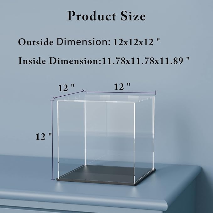 Clear Acrylic Display Case with Matt Black Base and Lid, Dust-Proof Acrylic Showcase, Cube Counter-Tops Box for Large Collectibles (12x12x12 inch)