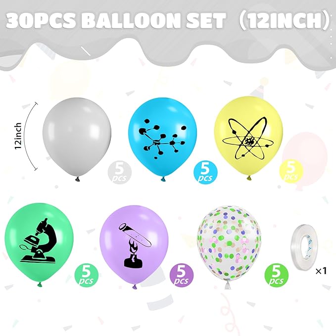 Science Party Balloons, 12 Inch Gray Light Yellow Green Purple Confetti Balloons for Boys Scientist Lab Birthday Party Baby Shower Classroom Decorations