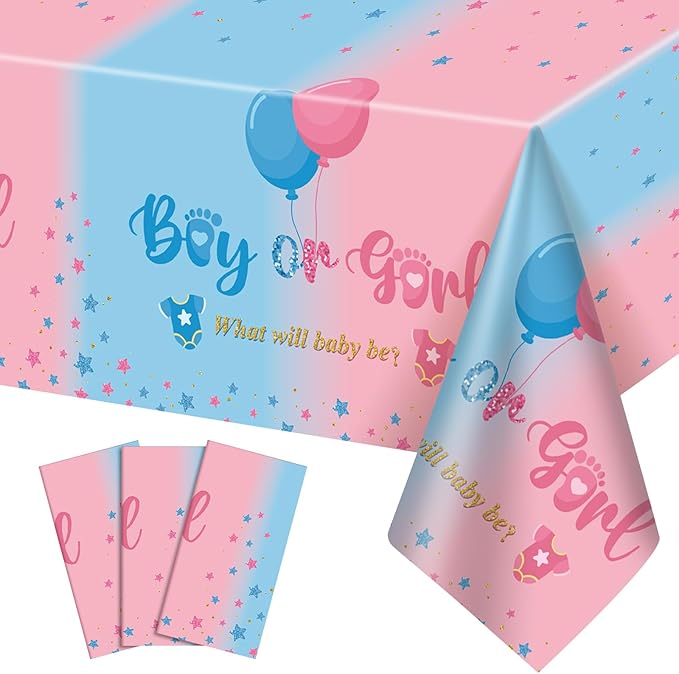 3 Pack Gender Reveal Plastic Tablecloth, 54 X 108 Inch Boy or Girl Disposable Table Cloth for Rectangle Table Waterproof Tablecloth for Gender Reveal Baby Shower Birthday Holiday Party