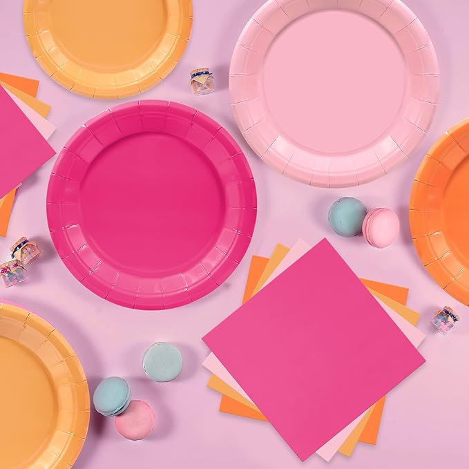 Pink and Orange Party Decorations,180pcs Sunset Tropical Pink Orange Plates and Napkins Tableware Sets for Birthday,Baby Shower, Bachelorette Party,Serves 60