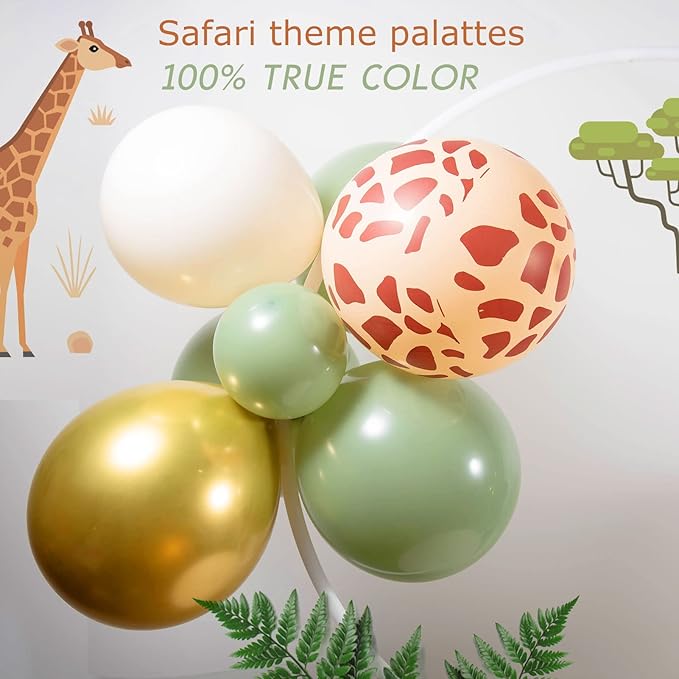 Safari Balloon Garland Kit with Sage Green sand White Gold and Jungle giraffe animal print balloons for Woodland Themed Giraffe Wedding Two Wild One Birthday Party decorations supplies
