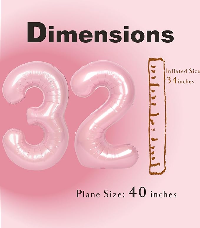 SUWEN 40 Inch Large Pink 32 Balloon Numbers Big Foil Helium Number Balloons 0-9 Jumbo Happy 32nd Mylar Birthday Party Decorations for Women 23 Anniversary Party Supplies