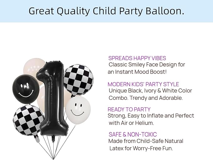 100% liked-One Happy Dude 1st Birthday Balloon Set – 40" Black & White Smiley Face Foil + Latex Balloons, Checkered Baby Shower Decorations, Kids Party Supplies for Boys and Girls