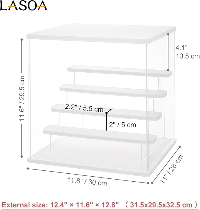 LASOA Acrylic Display Case with Adjustable LED Lights, 5 Tier Clear Display Box for Action Figures and Collectibles, Self-Assembly Showcase with White Base for Miniatures, 11.8x11x11.8inch
