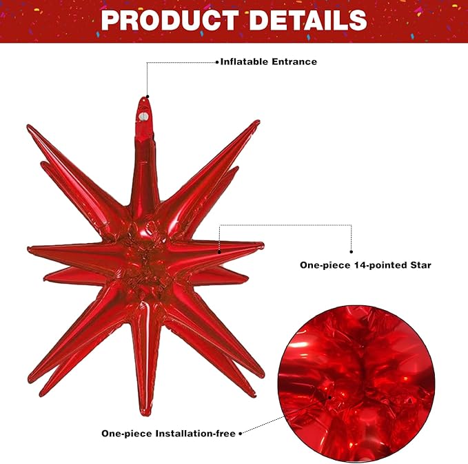 6 Pcs Red Star Foil Balloons One-Piece 14-Pointed Star Balloon 4D Starburst Cone Mylar Balloons 22inch Christmas Birthday Wedding Wedding Anniversary Party Supplies (22&27 Inches Red)
