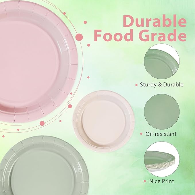 60Pcs Pink and Sage Green Birthday Paper Plates 7 Inch Disposable Heavy Duty Pink Sage Green Plates Boho Bridal Shower Party Decorations for Girls Baby Shower Wedding Bachelorette Party Supplies