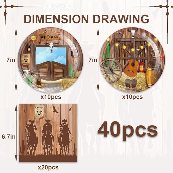 40Pcs Western Birthday Party Decorations Disposable Paper Plates and Napkin for Birthday Decor Western Farmhouse Baby Shower Tableware Set Supplies Cowboy Birthday Party Decorations