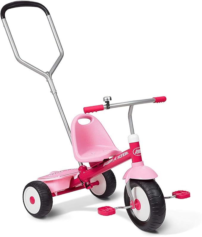 Radio Flyer Deluxe Steer & Stroll Trike, Pink, for Kids 2-5, 2-in-1 Parent Steer Tricycle Removable Push Handle Adjustable Seat Steel Frame Covered Storage Bin Tricycle for Toddlers and Kids.