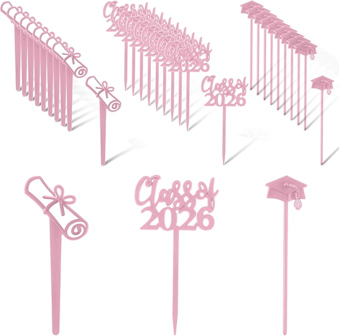 Boao 90 Pieces Class of 2026 Theme Graduation Cake Topper Plastic Cupcake Picks Graduation Cupcake Decorations for Party Supplies and Favors, 3 Styles(Pink)
