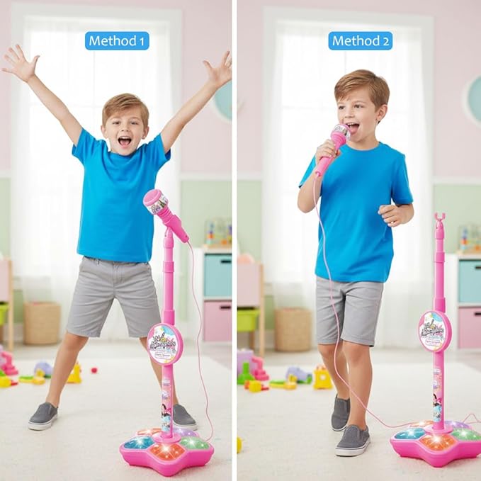 Microphone with Stand, 2026 New All in One Microphone Toy, Colorful Lights with Adjustable Height for Birthday Parties Singing (Black)