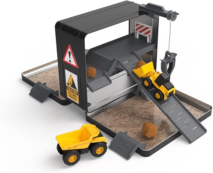 CAT Construction Toys, Store N Go Playset - Tin Travel Case Transforms into Multi-Level Worksite, Includes 2 Little Machines Vehicles & 10 + Accessories, Portable STEM Toy for Kids Ages 3 +