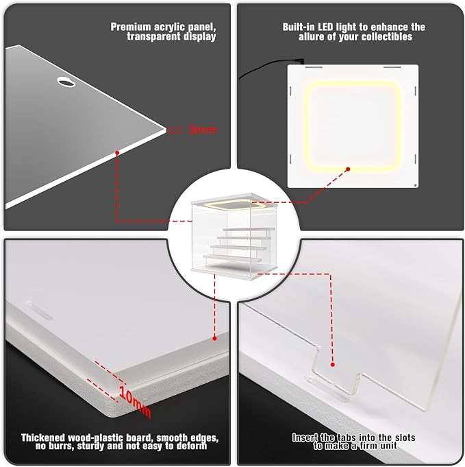Nynelly Acrylic Lighted Display Case for Collectibles, 5 Tier Figure Display Box with Door and Steps, Assemble Dustproof LED Showcase Storage Box for Mini Figures, Funko Pop, Toys, White