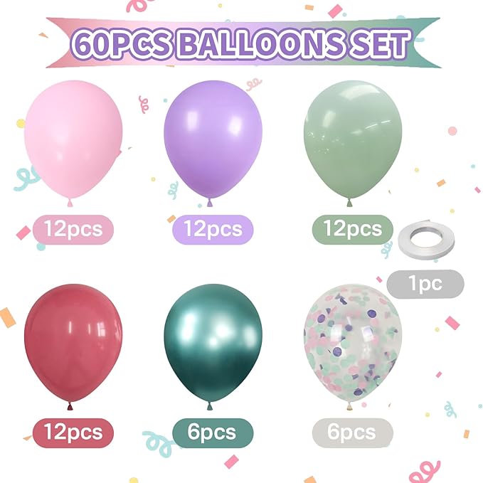 Pink Purple Green Balloons for Mermaid Magic Birthday Party Decorations Under The Sea 60PCS 12INCH Pastel Pink Teal Metallic Sage Green Helium Latex Balloon Confetti Balloons for Arch Baby Shower