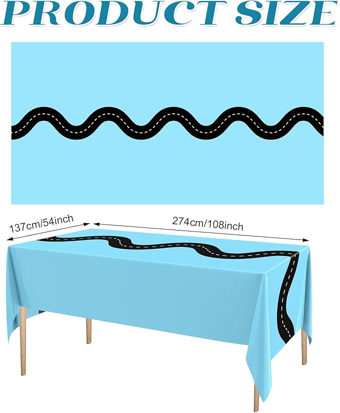 Irenare 3 Pcs Racing Table Cloths Car Birthday Party Supplies 54 x 108 Inch Racetrack Table Runner Covers Disposable Rectangular Road Tablecloth for Kids Boy Car Theme Party Decor (Light Blue)