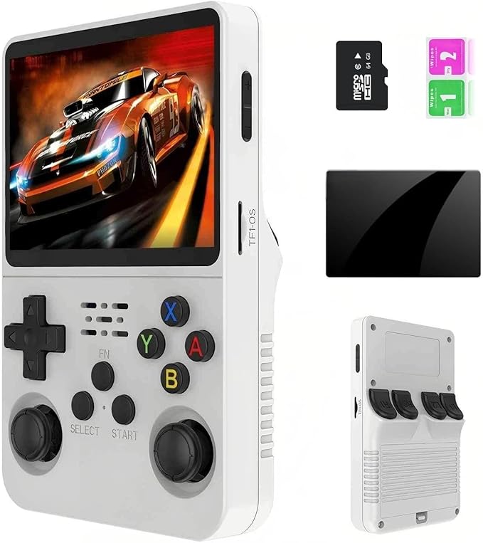 R36S Handheld Emulator Game Console, Portable Retro Gaming Device, Linux System, 3.5″ IPS HD Screen, 64GB Storage, 3500mAh Battery, Preloaded 20,000+ Games （ White）