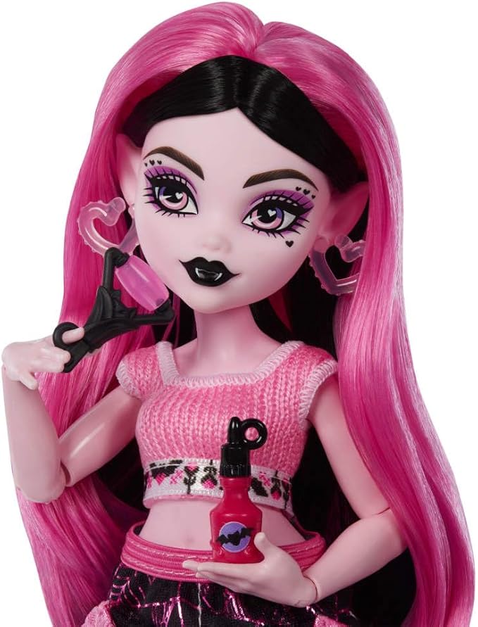 Monster High Self-Scare Secrets Draculaura Doll and Accessories Set with 13 Realistic Surprises Like Working Face Roller and Customizable Mood Board