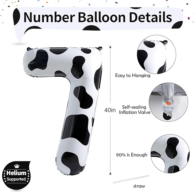 Number 7 Balloon for Boys, Giant Cow Print Self Inflating Number 0-9 for Girls, 40 Inch Foil Helium Balloon for 7th Birtyday Decoration Farm Animal Theme Cowboy Cowgirl Theme Party Decor Supplies