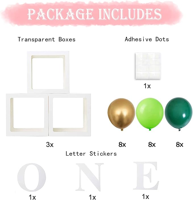First Birthday Decorations for Boy - ONE Balloon Boxes with Green and Golden Balloons, Blocks for Safari Dinosaur Wild One Theme Baby 1st Birthday Backdrop, Cake Smash Photo Props