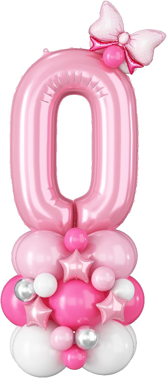 40 Inch Pink Number 0 Balloon Pastel Pink White Number Zero Foil Balloon Tower for 10th 20th 30th 40th 50th 60th 70th Birthday Party Decorations Large Digit Balloons Stack for Baby Girls Women