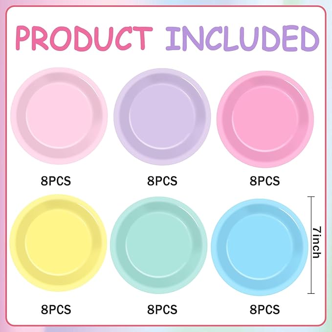 48Pcs Pastel Party Plates Spring Pastel Party Supplies 7" Pastels Paper Plates Disposable Rainbow Parties Decoration for Easter Wedding Colorful Dessert Plate Tableware Birthday Baby Shower Supplies