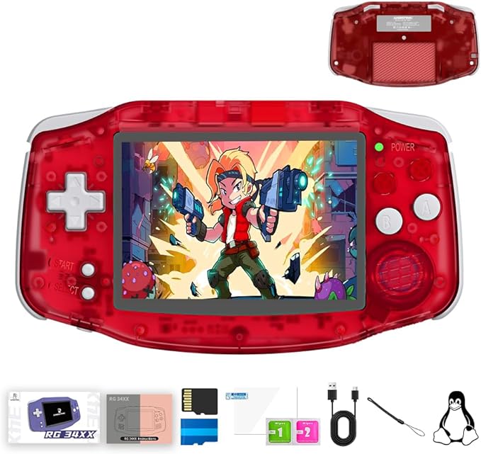 RG 34XX Retro Handheld Game Console Linux 64-bit 3.4 inch IPS Screen 32+64G Card RG 34XX Portable Gaming Console 5000+ Preloaded Games 3500mAh Battery Compatible with WiFi HDMI Bluetooth Red