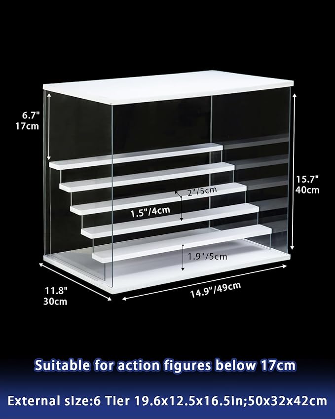 Clear Acrylic Display Case with Light , 6 Tier Display Box Stand Assembly Dustproof Protection Showcase for Collectibles Action Figures (White 6 Tier L 19.7*12.6*16.5in；50×32×42cm)