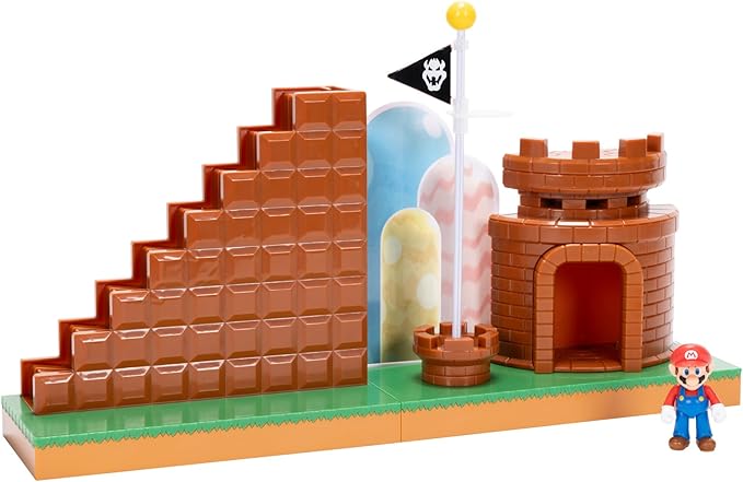 Super Mario Nintendo 2.5" Action Figures Course Complete Playset with Mario Figure, Interactive Stairs, Flagpole, Castle, and Base Platform