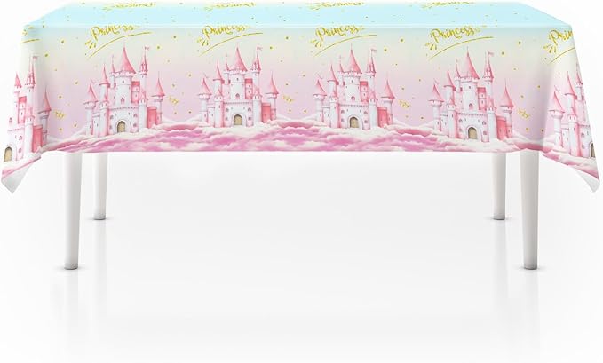 3pcs Princess Party Tablecloth, 54 x 108 Inch Pink Castle Plastic Table Cover, Princess Birthday Party Decorations for Fairytale Themed Party, Baby Shower, Girls Birthday Party Supplies