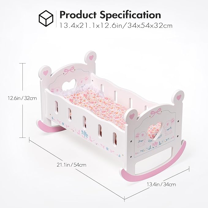 ROBOTIME Wooden Baby Doll Crib, Doll Cradle Bed for 18-24 Inch Dolls, Baby Doll Crib Set with Blanket and Pillow, Toy Doll Bed for Girls Ages 3+
