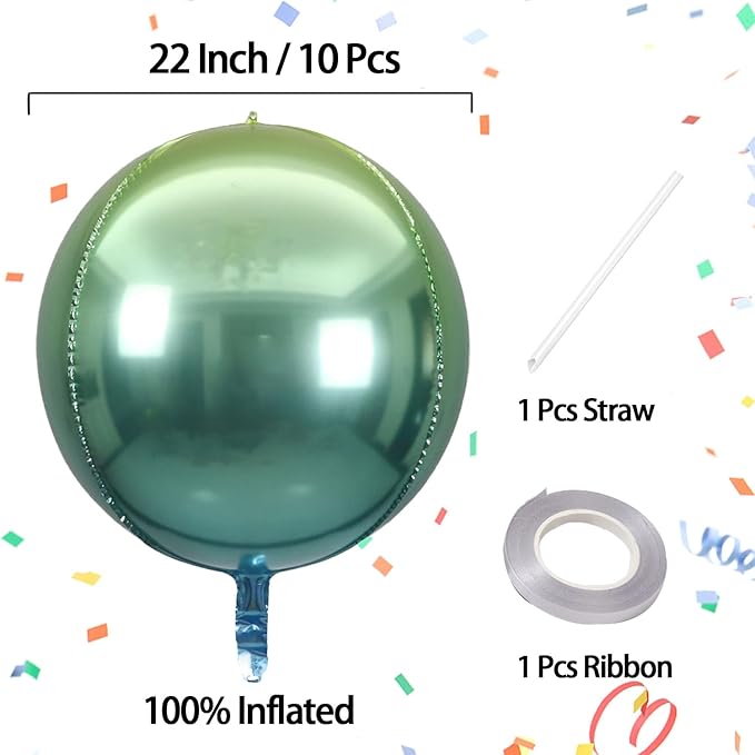 KALOR 22 Inch Metallic Green Mylar Balloons, 10 Pcs Gradient Green Balloon, Large Giant Round 4D Foil Balloons for Wedding, Birthday, Engagement, Bridal Shower, Graduation Party Decorations