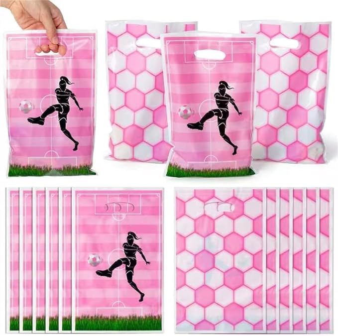 Soccer Party Favor Bags - 50Pcs Pink Football Goody Candy Treat Gift Bags, Sport Themed Party Decorations for Adult Kid Boy Girl Birthday Outdoor Sports Team Games Events Holiday Supplies