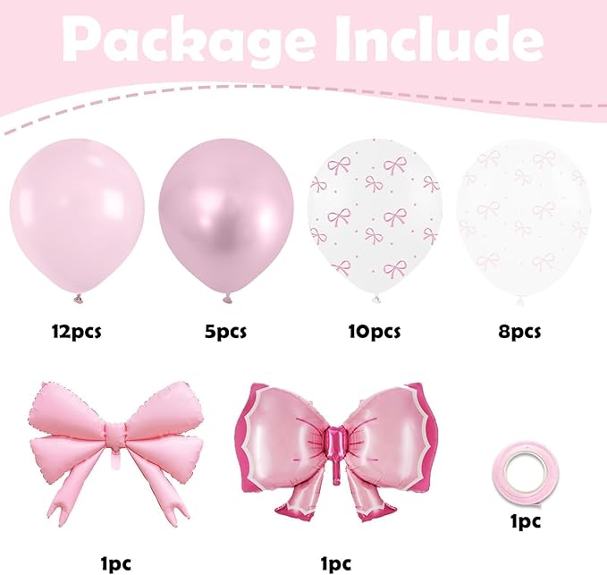 Bow Balloons, Light Baby Pink White Clear Pastel Balloons with Bow Foil Balloon for Girl Princess Women Birthday Party Bachelorette Bridal Engagement Bow Theme Wedding Anniversary Baby Shower Supplies